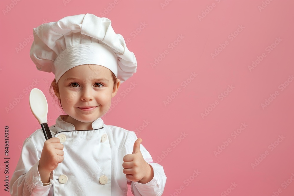 A young child wearing a chef's hat and apron holding a wooden spoon. A young child wearing a chef's hat and apron holding a wooden spoon.