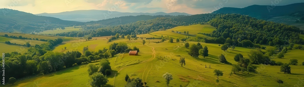 Fototapeta premium Drone footage of a peaceful countryside, rolling hills, and lush meadows, cinematic view, vibrant colors, highdefinition