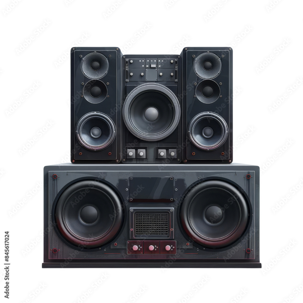High-quality audio speaker system with multiple woofers and tweeters for premium sound experience, isolated on a white background. transparent background. High-quality audio speaker system with multiple woofers and tweeters for premium sound experience, isolated on a white background. transparent background.