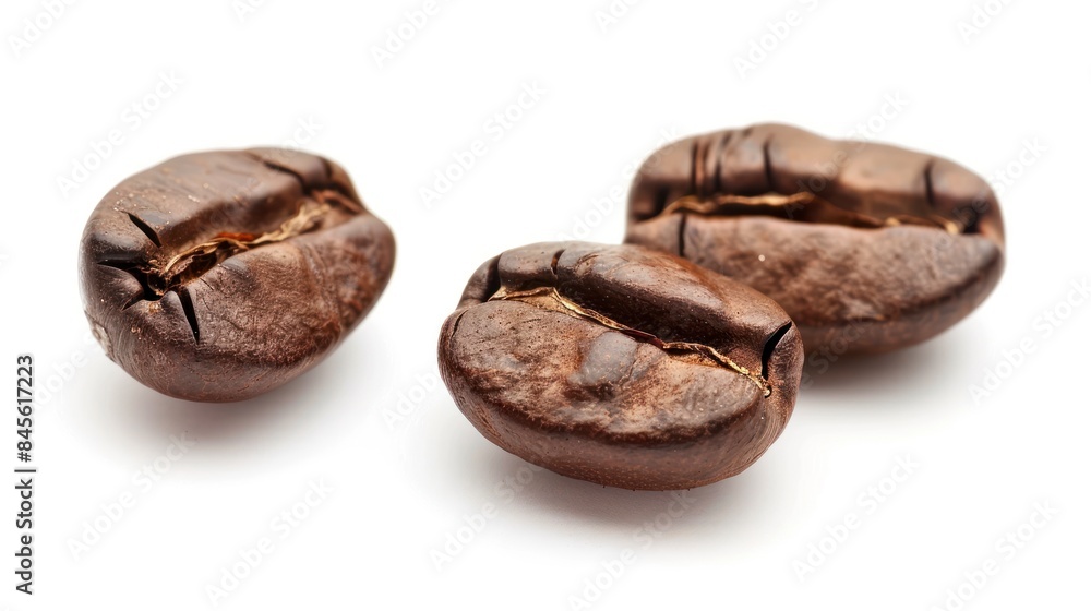Obraz premium Close-up of roasted coffee beans showcasing their rich, dark color and textured surface. These beans are ready to be ground and brewed, promising a fresh and aromatic cup of coffee.
