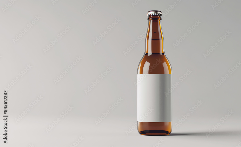 A plain brown glass beer bottle with a blank white label, set against a neutral background. A plain brown glass beer bottle with a blank white label, set against a neutral background.