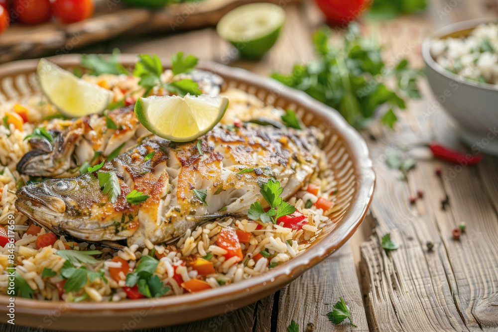 Traditional Mauritanian Thieboudienne Fish and Rice Dish with Vegetables on Rustic Wooden Table Traditional Mauritanian Thieboudienne Fish and Rice Dish with Vegetables on Rustic Wooden Table