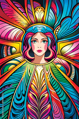 Illustrate a Superwoman in a Retro 1970s Pop Art Style with Feminist Themes, Featuring Strong, Feminine Women, Floral Patterns, Daisies, Hippie, Trippy Psychedelic Elements, and Ornamental Frames