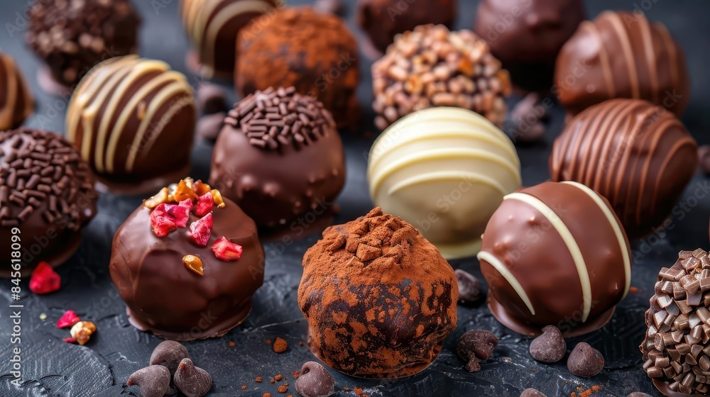tempting array of gourmet chocolate truffles with assorted flavors and toppings luxury confectionery tempting array of gourmet chocolate truffles with assorted flavors and toppings luxury confectionery