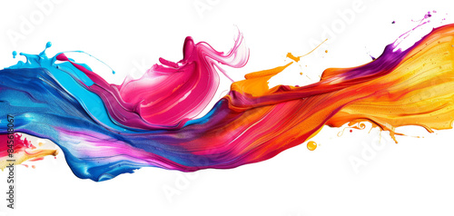 Vibrant swirl of colorful paint splashes creating a dynamic wave of blue, pink, orange, and purple hues on a white background. transparent background.