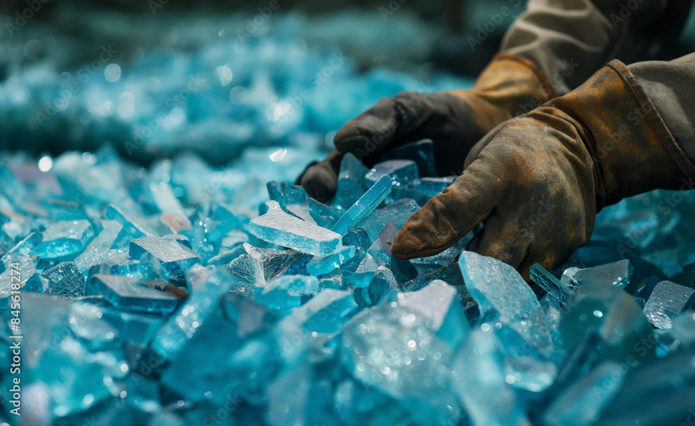 Hands in gloves handling large blue crystals, signifying industrial work and raw material processing. Hands in gloves handling large blue crystals, signifying industrial work and raw material processing.