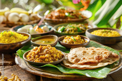Traditional Mauritian Dholl Puri with Curry and Chutneys on Banana Leaf
