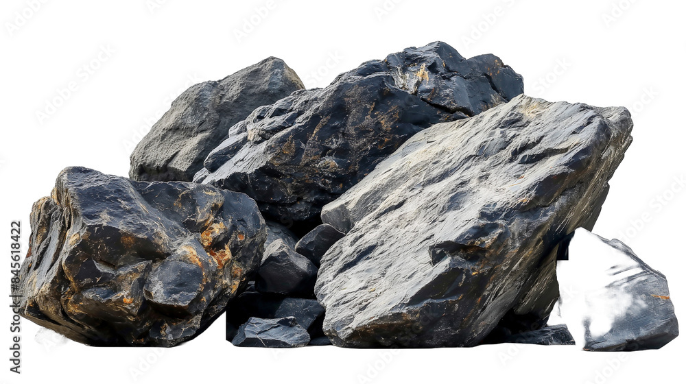 A mound of stones on a black surface - heavy rock, big stones isolated on PNG transparent background. A mound of stones on a black surface - heavy rock, big stones isolated on PNG transparent background.