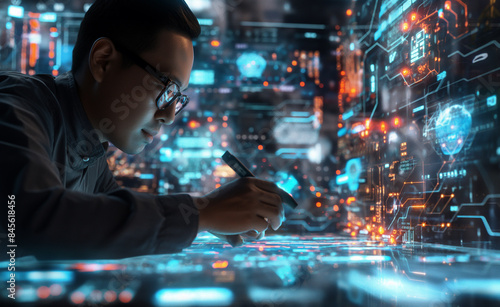 Wallpaper Mural A person working intensely on a digital interface with holographic elements, illustrating technology and futuristic work environments. Torontodigital.ca