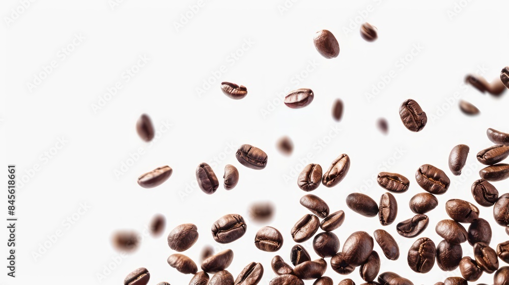 Delve into the visual charm of coffee beans in a cluster, with additional beans falling against a pristine white setting, isolated Delve into the visual charm of coffee beans in a cluster, with additional beans falling against a pristine white setting, isolated