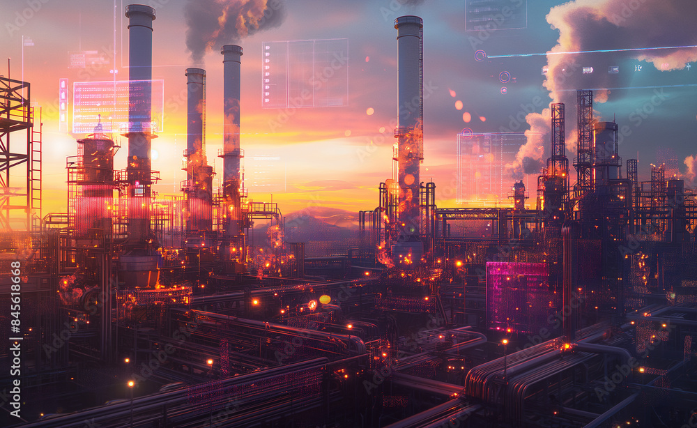 Fototapeta premium Industrial plant with multiple chimneys emitting smoke during a colorful sunset, with digital overlay.