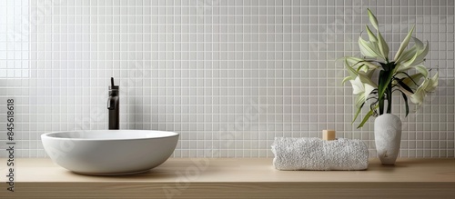 Geometric Grid Wallpaper Style: White Ceramic Tiles in Bathroom and Kitchen © Lasvu