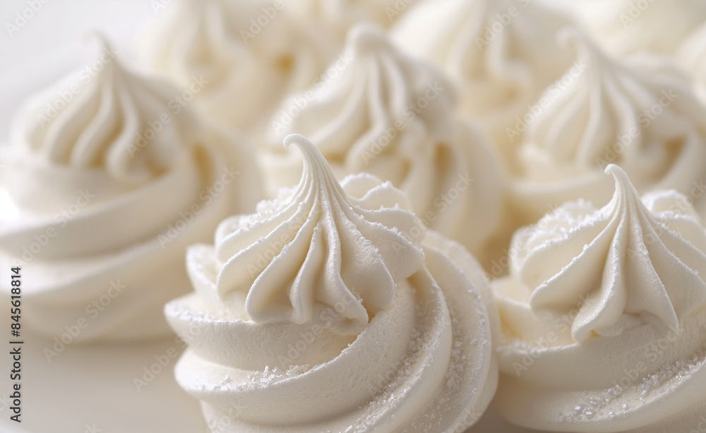 A close-up view of elegant, white meringue cookies artfully arranged on a plate. A close-up view of elegant, white meringue cookies artfully arranged on a plate.