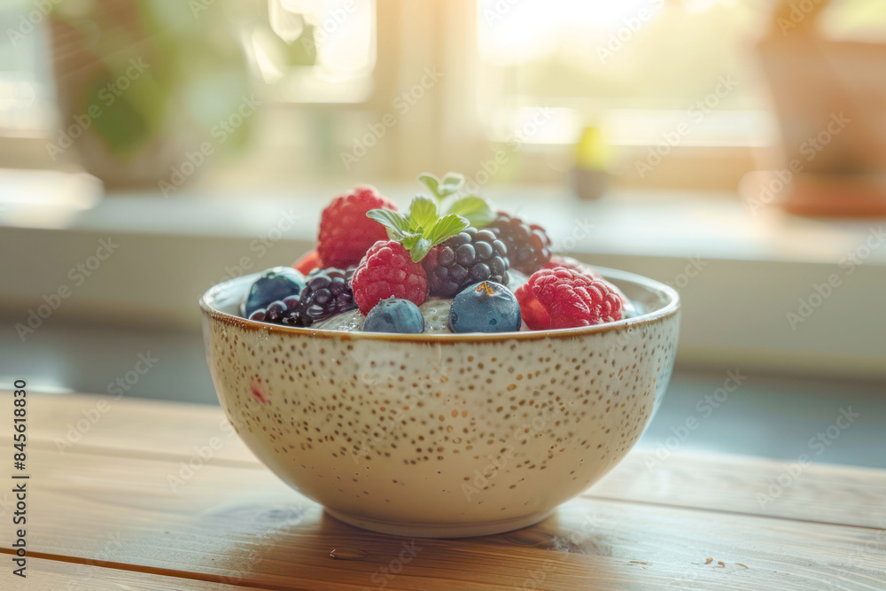 Chia Pudding with Fresh Berries and Honey in Ceramic Bowl on Wooden Table with Cozy Kitchen Setting Chia Pudding with Fresh Berries and Honey in Ceramic Bowl on Wooden Table with Cozy Kitchen Setting