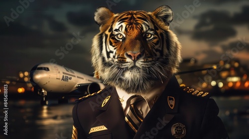 A tiger in a pilot uniform, posing with a commercial airliner in the background, dramatic lighting, low angle, impressive scene style