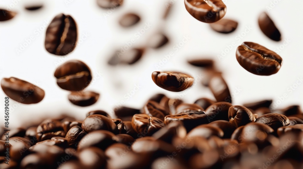 Enjoy the simplicity of coffee beans grouped together, with some falling delicately against a white surface, isolated for focus Enjoy the simplicity of coffee beans grouped together, with some falling delicately against a white surface, isolated for focus