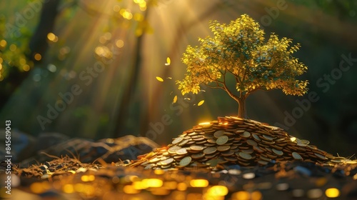 thriving tree growing from a mound of golden coins representing financial prosperity sustainable growth and longterm investment success digital art