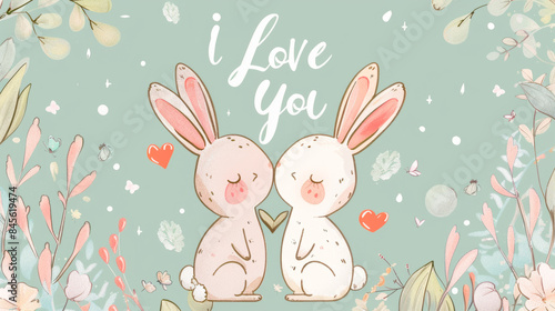 cute, cartoon valentines day card, with a couple of bunnies.
