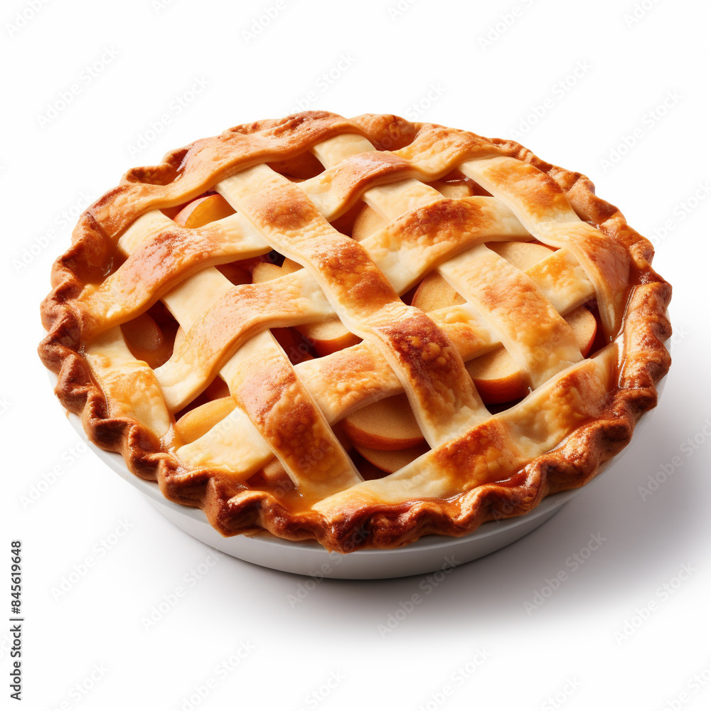 Delicious Traditional Apple Pie Isolated on White Background. Golden Baked Apple Pie with Lattice Decoration. Whole Apple Pie. Delicious Traditional Apple Pie Isolated on White Background. Golden Baked Apple Pie with Lattice Decoration. Whole Apple Pie.