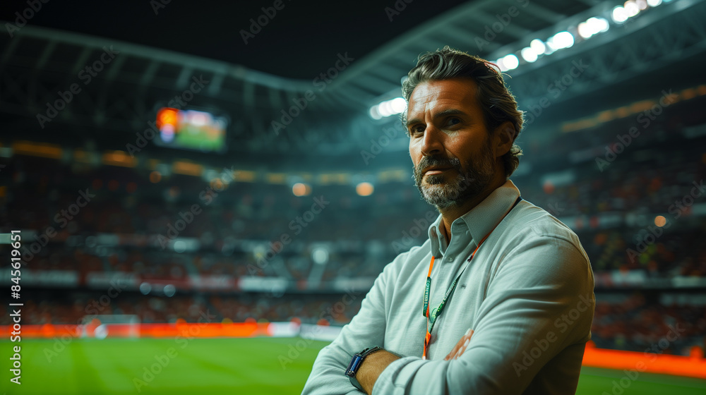 Spanish manager stands in a brightly lit stadium, arms crossed and looking determined. His confident posture and the stadium's dynamic setting convey leadership and ambition. Spanish manager stands in a brightly lit stadium, arms crossed and looking determined. His confident posture and the stadium's dynamic setting convey leadership and ambition.