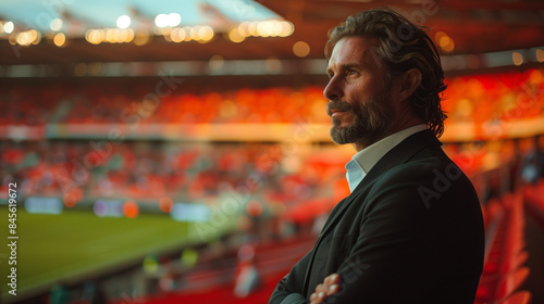 A professional Portuguese manager stands in a stadium with arms crossed, gazing thoughtfully. The vibrant orange hues and lighting create an intense and focused atmosphere.