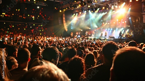 Crowded concert venue from sound engineer's perspective with stage lights