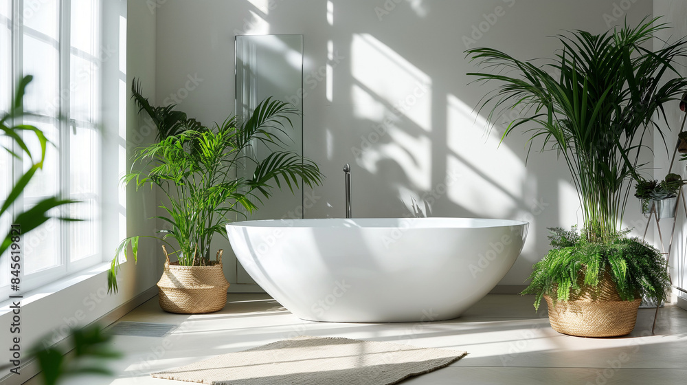 serene bathroom with plants in natural light from large windows serene bathroom with plants in natural light from large windows