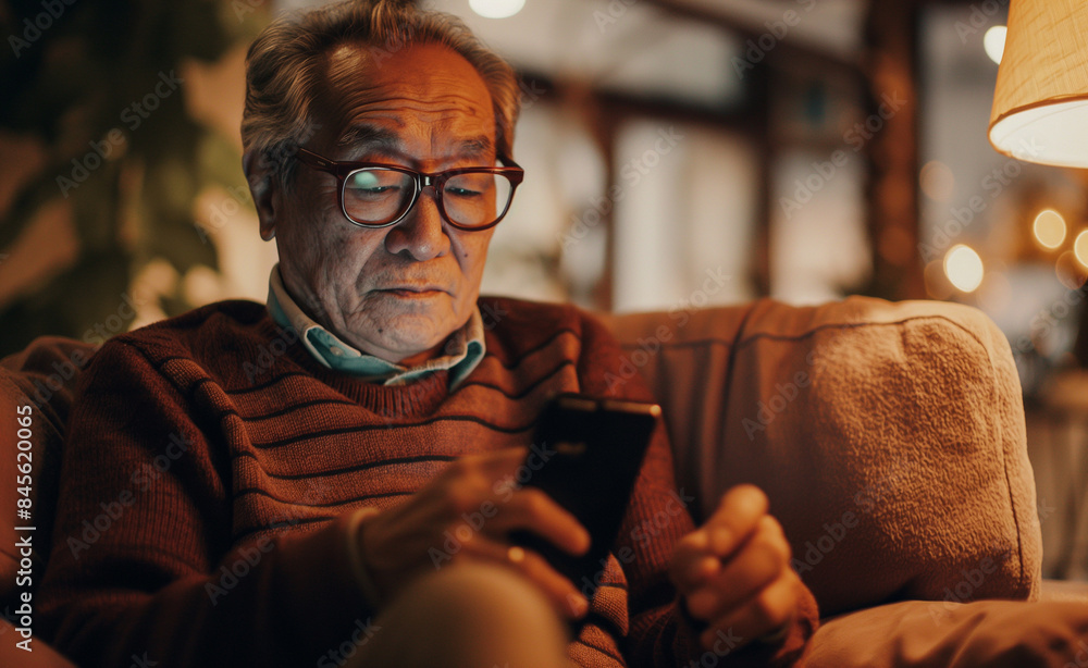 An elderly man with glasses, deeply focused on his smartphone while sitting comfortably at home. An elderly man with glasses, deeply focused on his smartphone while sitting comfortably at home.