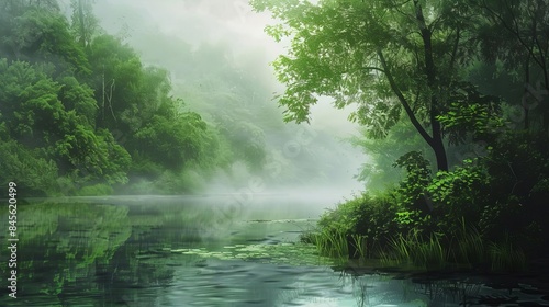 tranquil misty riverbank surrounded by lush green trees serene nature landscape digital painting