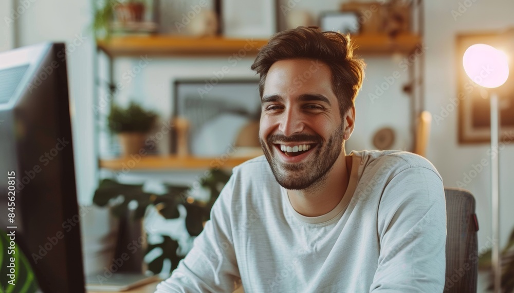 A smiling man sitting at his desk, having an online meeting with another person on the screen of a modern computer in the office. A young businessman. A smiling man sitting at his desk, having an online meeting with another person on the screen of a modern computer in the office. A young businessman.