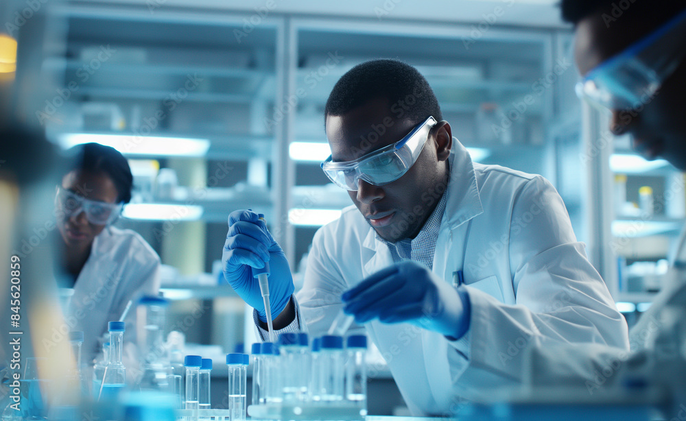 Scientists in a laboratory working diligently with test tubes and pipettes under bright lights. Scientists in a laboratory working diligently with test tubes and pipettes under bright lights.