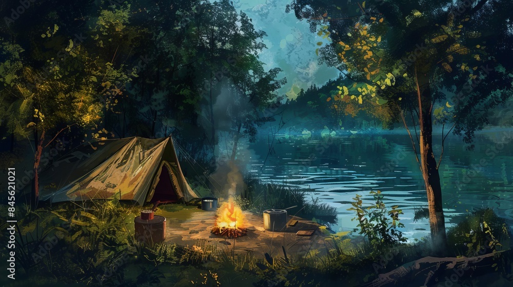 Fototapeta premium tranquil riverside camping cozy tent simmering pot serene summer vibes digital painting