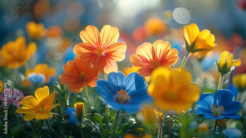   Spring flowers under clear morning light on a solid background