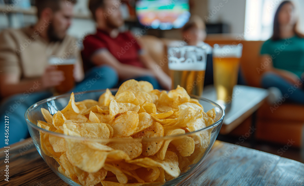 A bowl of potato chips with friends drinking beer in the background, highlighting a casual social gathering. A bowl of potato chips with friends drinking beer in the background, highlighting a casual social gathering.