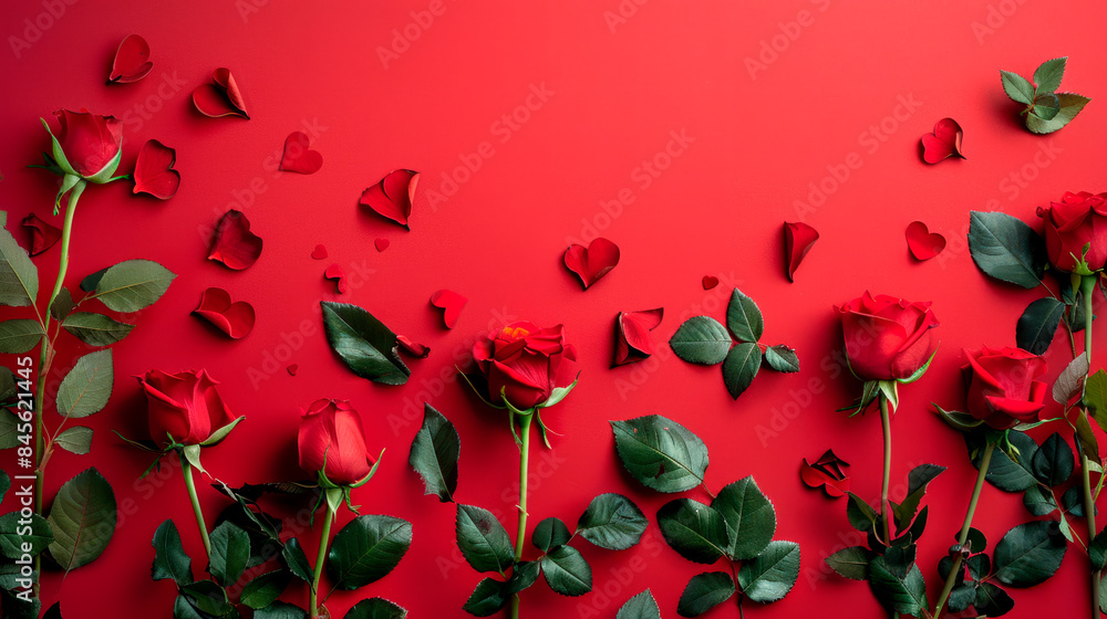 Roses and hearts in a flat lay red background for Valentines Day Celebration. Roses and hearts in a flat lay red background for Valentines Day Celebration.
