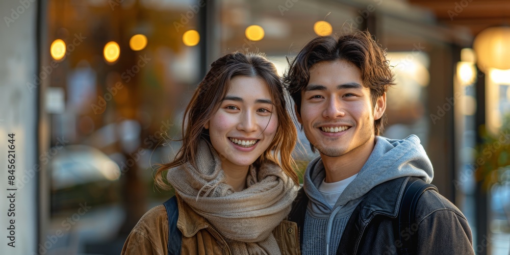 Lovely couple of a girlfriend and boyfriend in winter outfits are embracing each other and standing closer shot in a downtown area during the day time. Lovely couple of a girlfriend and boyfriend in winter outfits are embracing each other and standing closer shot in a downtown area during the day time.