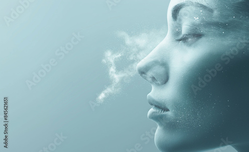Close-up of a serene face with a mystical, ethereal glow and delicate wisps of light, evoking tranquility.