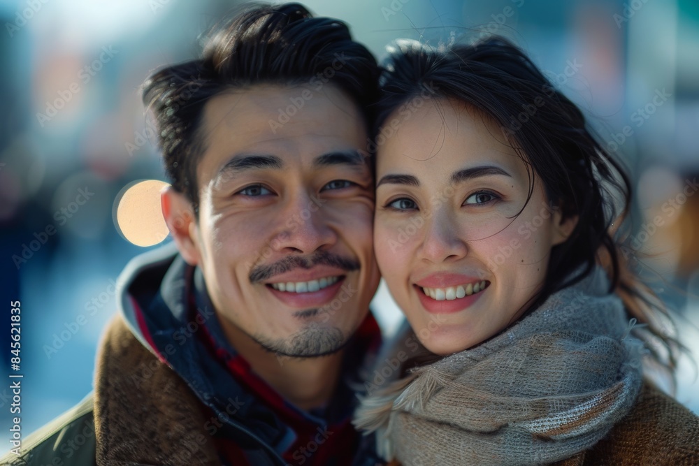 Lovely couple of a girlfriend and boyfriend in winter outfits are embracing each other and standing closer shot in a downtown area during the day time. Lovely couple of a girlfriend and boyfriend in winter outfits are embracing each other and standing closer shot in a downtown area during the day time.