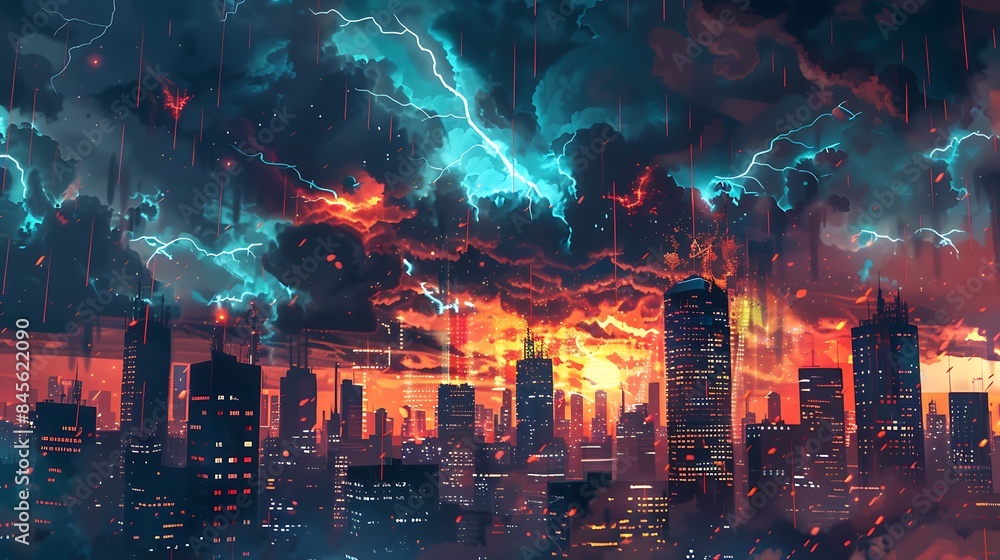 A cyber attack in progress, depicted as a digital storm engulfing a city skyline with lightning bolts representing malware and viruses.