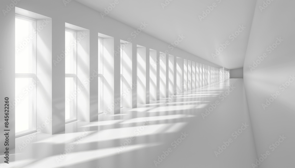 Fototapeta premium Long white corridor with large windows, casting elongated shadows, creating a serene and minimalist environment