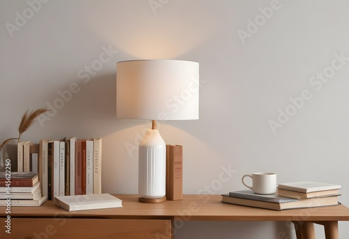 Modern home with empty desk, lamp, light and window. lofty, soft lighting © Gia