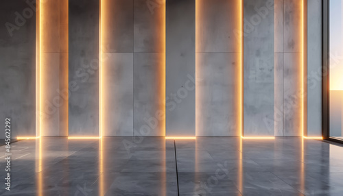 Concrete wall with vertical warm light accents, reflecting on the polished floor, creating a modern industrial feel