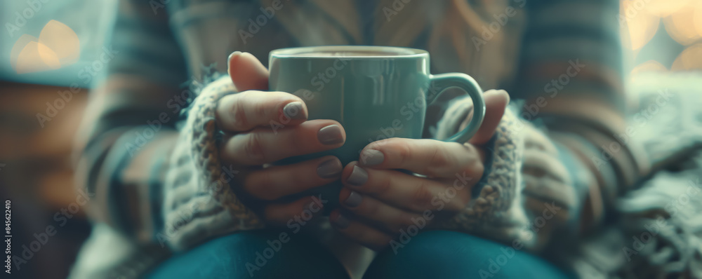 A woman is holding a mug of coffee in her hands A woman is holding a mug of coffee in her hands