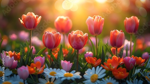   Spring flowers under clear morning sunlight on a solid background