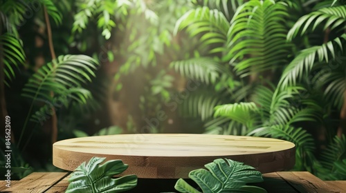 tropical forest wooden podium for product presentation with lush green background 3d illustration