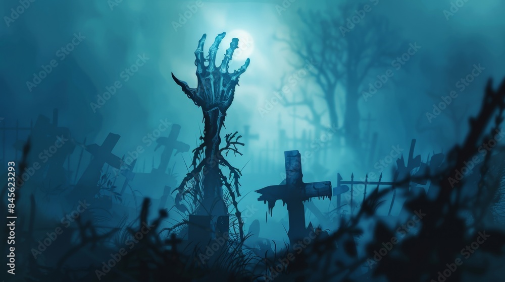 Obraz premium Creepy Graveyard Scene with Skeleton Hand Rising from the Ground, Generative AI