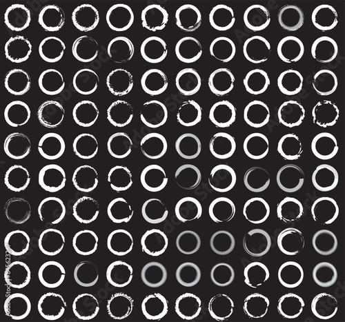 White circle brushstroke vector isolated on black background. 100 Grunge circles. Circle brushstroke.Grunge round shapes,vector.