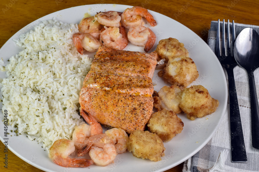 baked salmon with shrimp, scallops and rice baked salmon with shrimp, scallops and rice