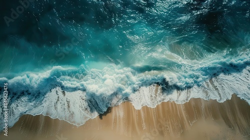 turquoise ocean waves crashing on shore aerial view of tropical paradise