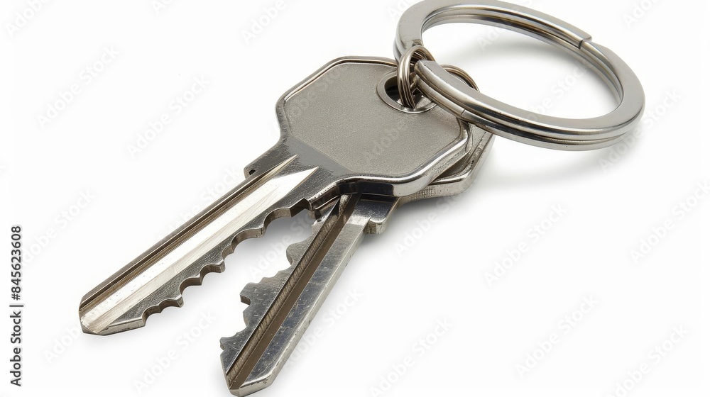 two silver house keys isolated on white cut out photograph two silver house keys isolated on white cut out photograph